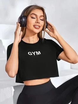 Women's Casual Printed Crop Top Athletic Style Short Sleeve Round Neck Gym T-Shirt for Workout & Fitness 1