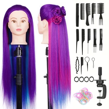 26-Inch Styling Mannequin Head with Multicolor Synthetic Hair And DIY Practice Kit with Combs Table ClampforHairstyling Training