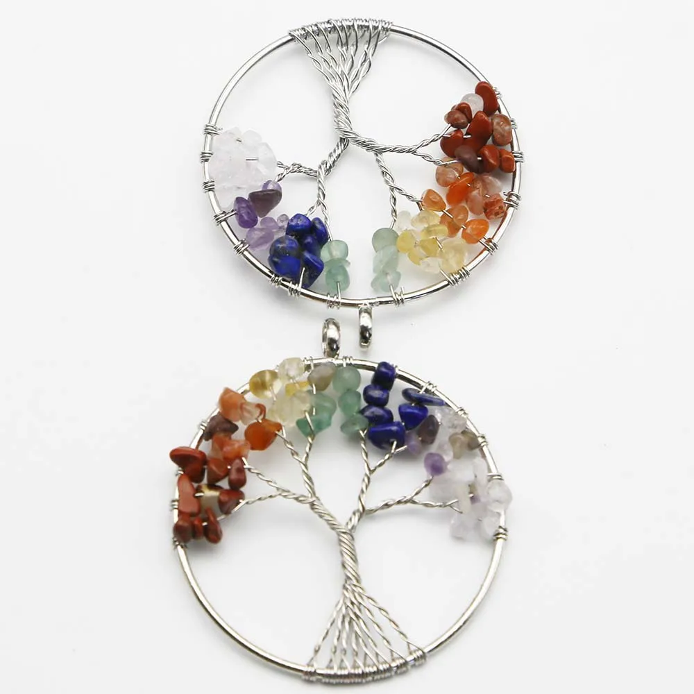Natural Stone Colorful Crystal Silver Round Fortune Life Tree Pendant Necklace Charm DIY Jewelry Accessories Gift Wholesale 8Pcs