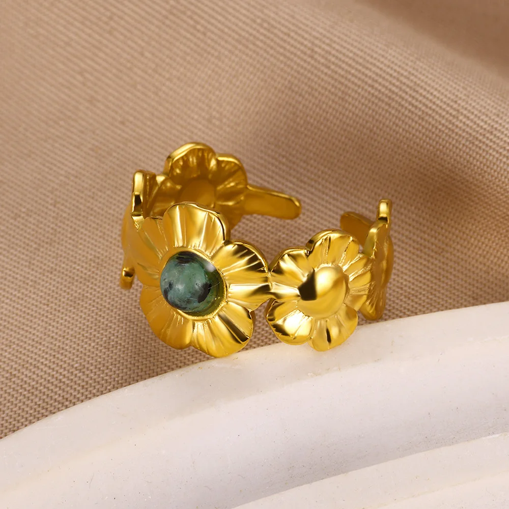 Green Zircon Flower Stainless Steel Rings for Women
