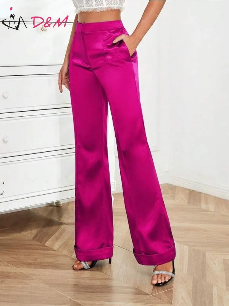 D & M-Women's High Waist Flare Leg Pants, Elegant Satin Traf, Luxury, Elegant, Spring and Autumn, 2022
