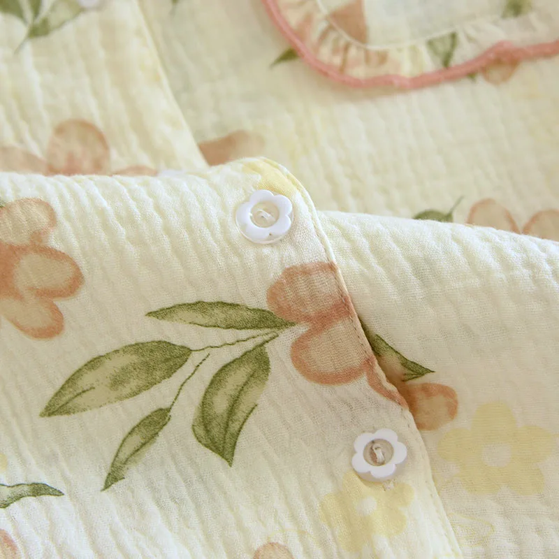 Spring and Autumn 2024 New Women's Pajama Set 100% Cotton Crepe Long Sleeve Pants Two Piece Cute Sweet Summer Thin Homewear