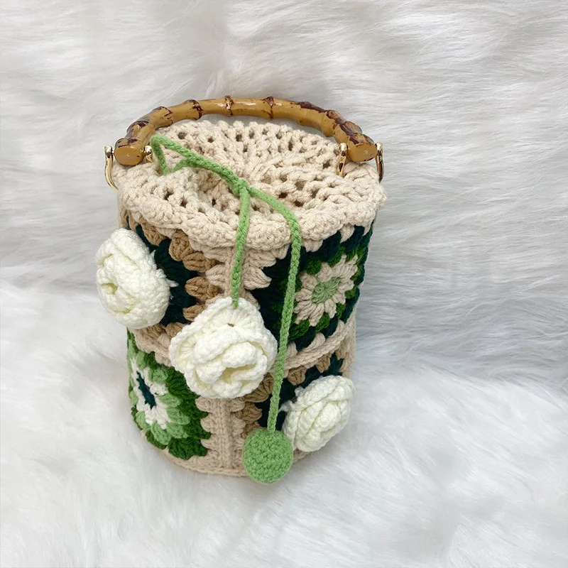 Handmade crochet flowers Bucket Bag for Women Handbag Rattan Beach Boho Bag Casual Colorful Woven Handle Shoulder Crossbody Bag