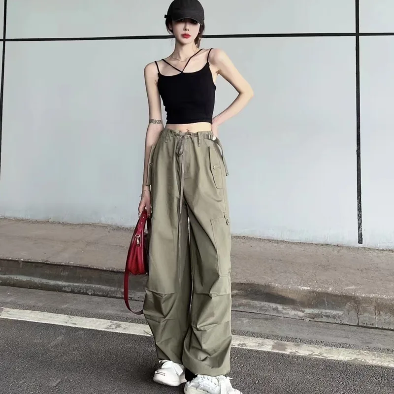 American Hip Hop Cargo Pants Retro Gothic Punk Style Streetwear Women's Pocket Loose Straight Casual Trousers 2022 Summer Trend