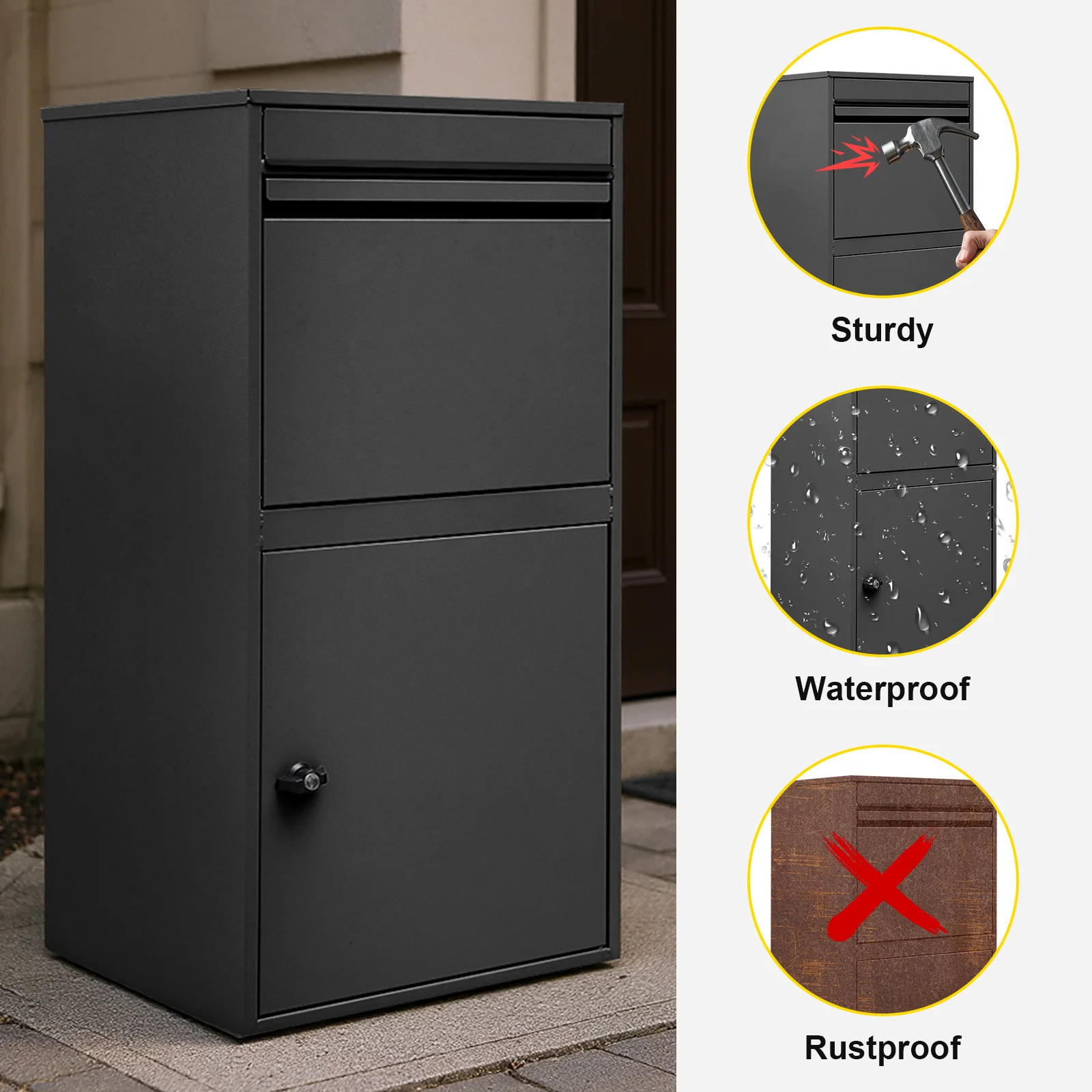 Black Metal Lockable Parcel Box Large Capacity Waterproof Design Anti Theft Secure Storage for Home Outdoor Package Delivery