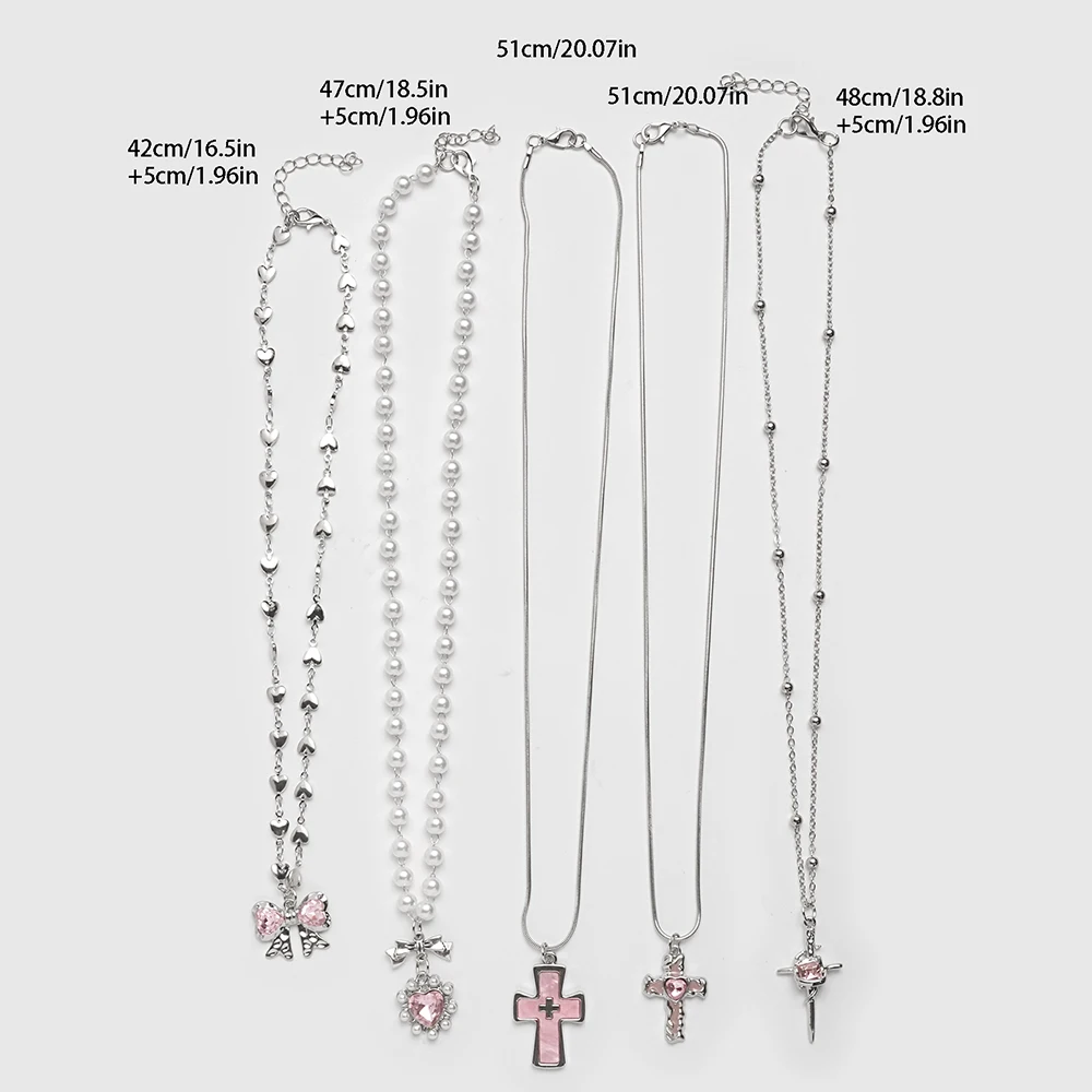 Y2K Sweet Cool Creative Inlaid Pink Love Zircon Bow Cross Pendant Necklace Set, Suitable for Women's Daily Wear, Small Jewelry G 6