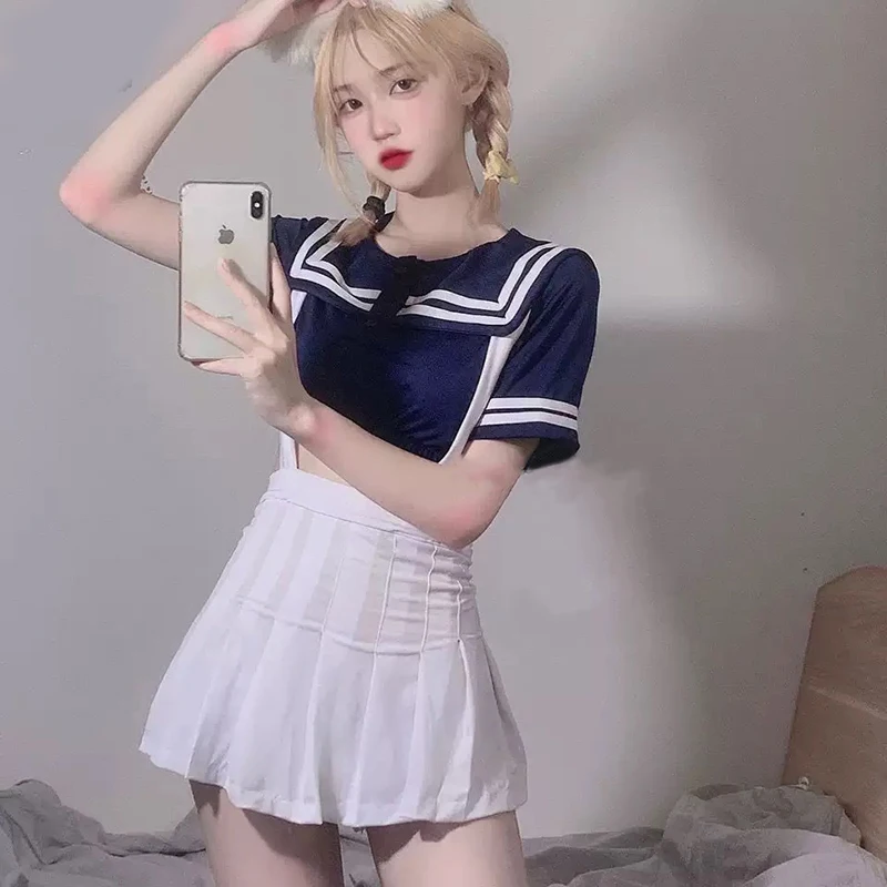 

Lilico Japanese Lovely Gym Suit School Girl Cosplay Costume Sexy Student Sailor Uniform Cheerleader Short Top with Strap Skirt