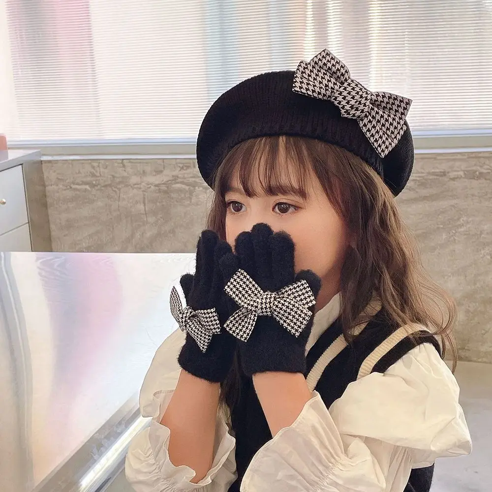 어린이 한국 스타일 니트 모자, 모직 하운드투스 따뜻한 모자, 활 어린이 장갑, 어린이 모자, 소녀 베레모