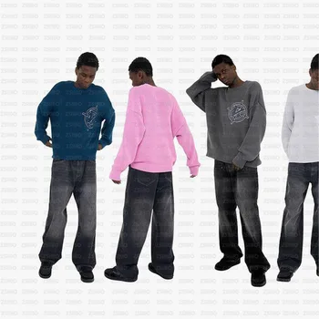 2000s Spring Long Sleeved Sweater European American Fashion Minimalist Men Loose Personalized Logo Printed Multi Color Sweater