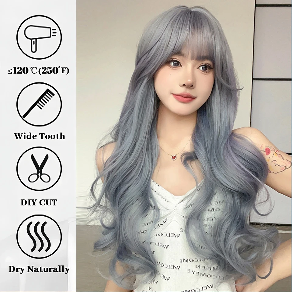 Blue Grey Synthetic Wigs for Women with Bangs