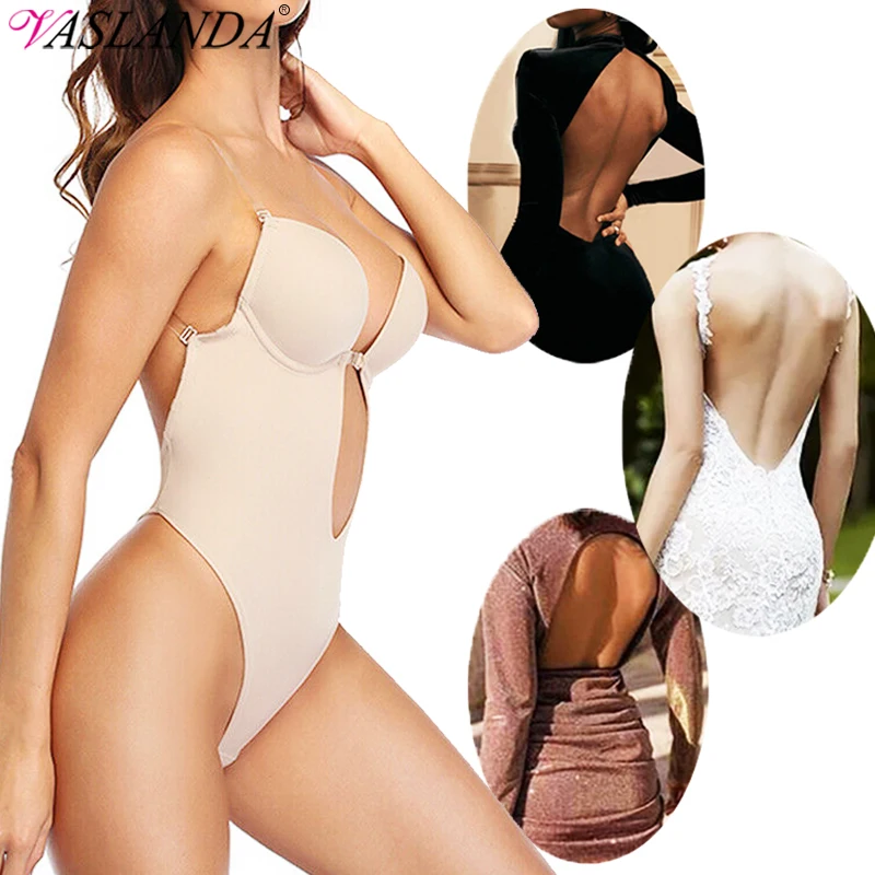 

Women Invisible U Plunge Bra Backless Body Shaper Sexy Deep V-Neck Thong Bodysuit Shapewear Clear Strap Padded Push Up Corset