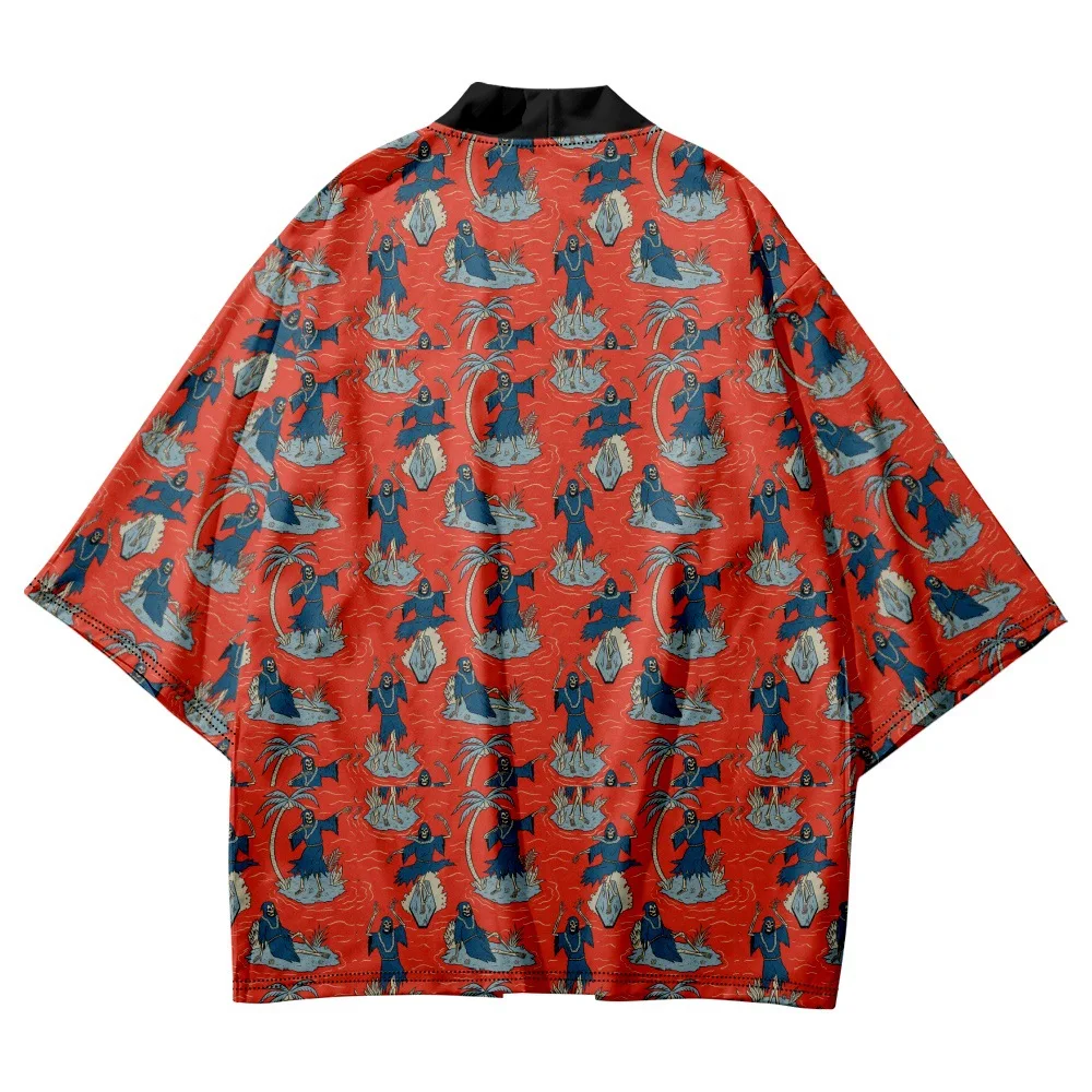 

Harajuku Japanese Cosplay Kimono Yukata Men Women Fashion Red Skeleton Print Cardigan Loose Blouse Haori Obi Asian Clothes