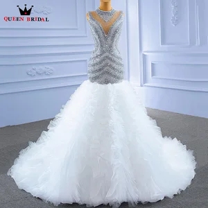 Mermaid Wedding Dress Luxury 2023 Ruffle Train High Neck robe de mariée Sleeveless Crystal Beading Bride Dresses Customize XX35