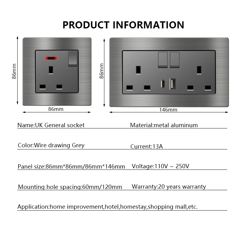 Description Picture 6 of itemUniversal 18W Type-C Fast Charging Dual Power Outlet,Brushed aluminum Uk 13A Usb Wall Socket,220V Electrical Light Switch Panel