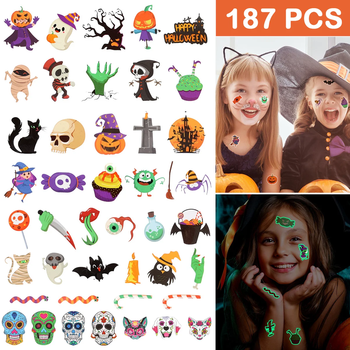 

Kid Stickers Luminous Cartoon Body Halloween Temporary Tattoos Child Long Lasting For kids Craft toys