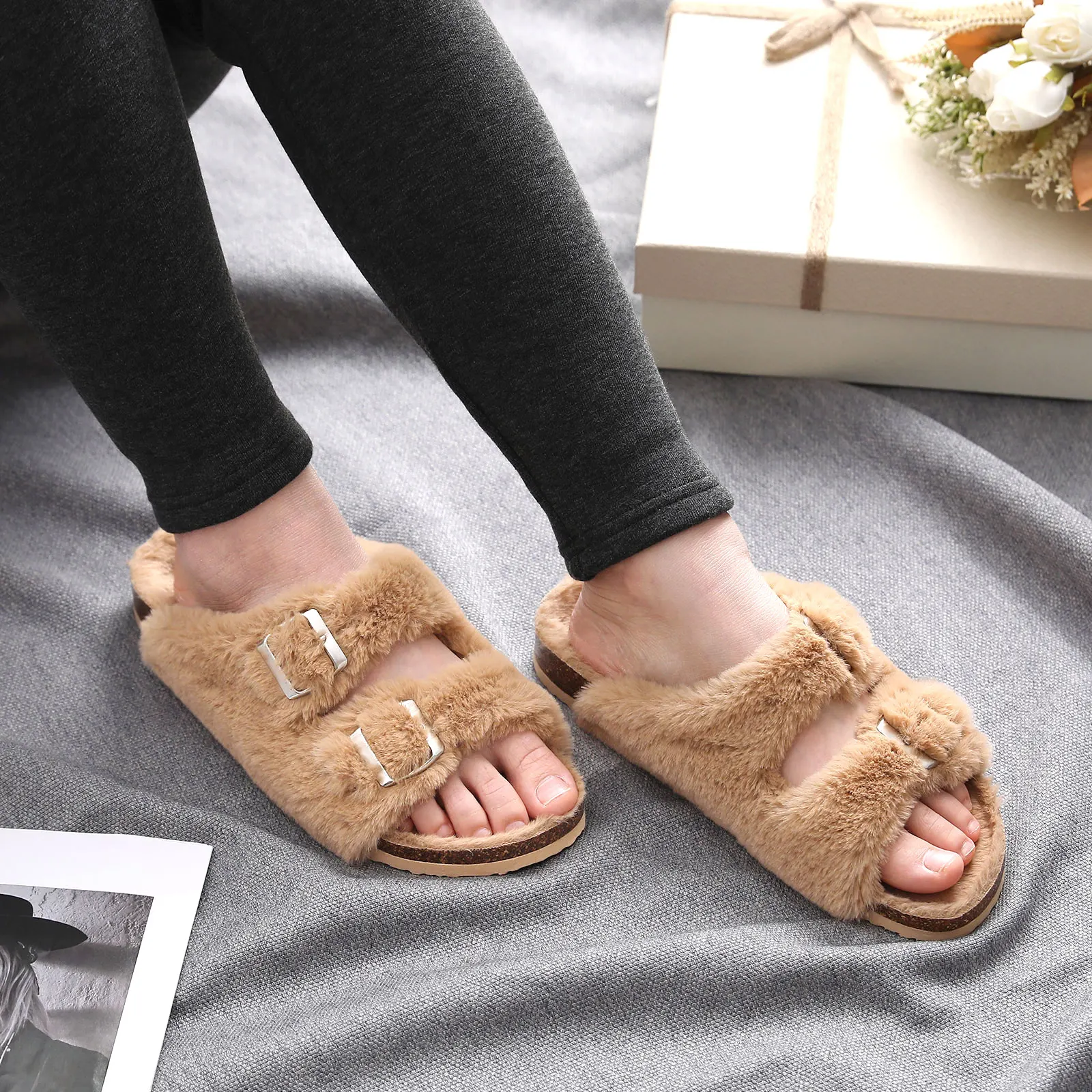 Plush Cork Footbed Furry Slippers for Women - true deals club