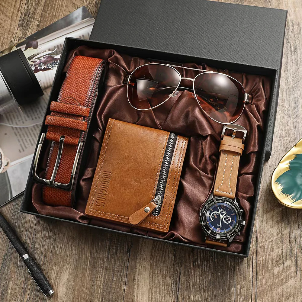 top grade man watch wallet gift box quartz wristwatch leather strap practical pin buckle male wallets purse gifts set for father Fashion Watch Men Luxury Gifts Set Men's Quartz Wrist Watch Top Quality Belt Folding wallet Sunglasses For Father Male's Present