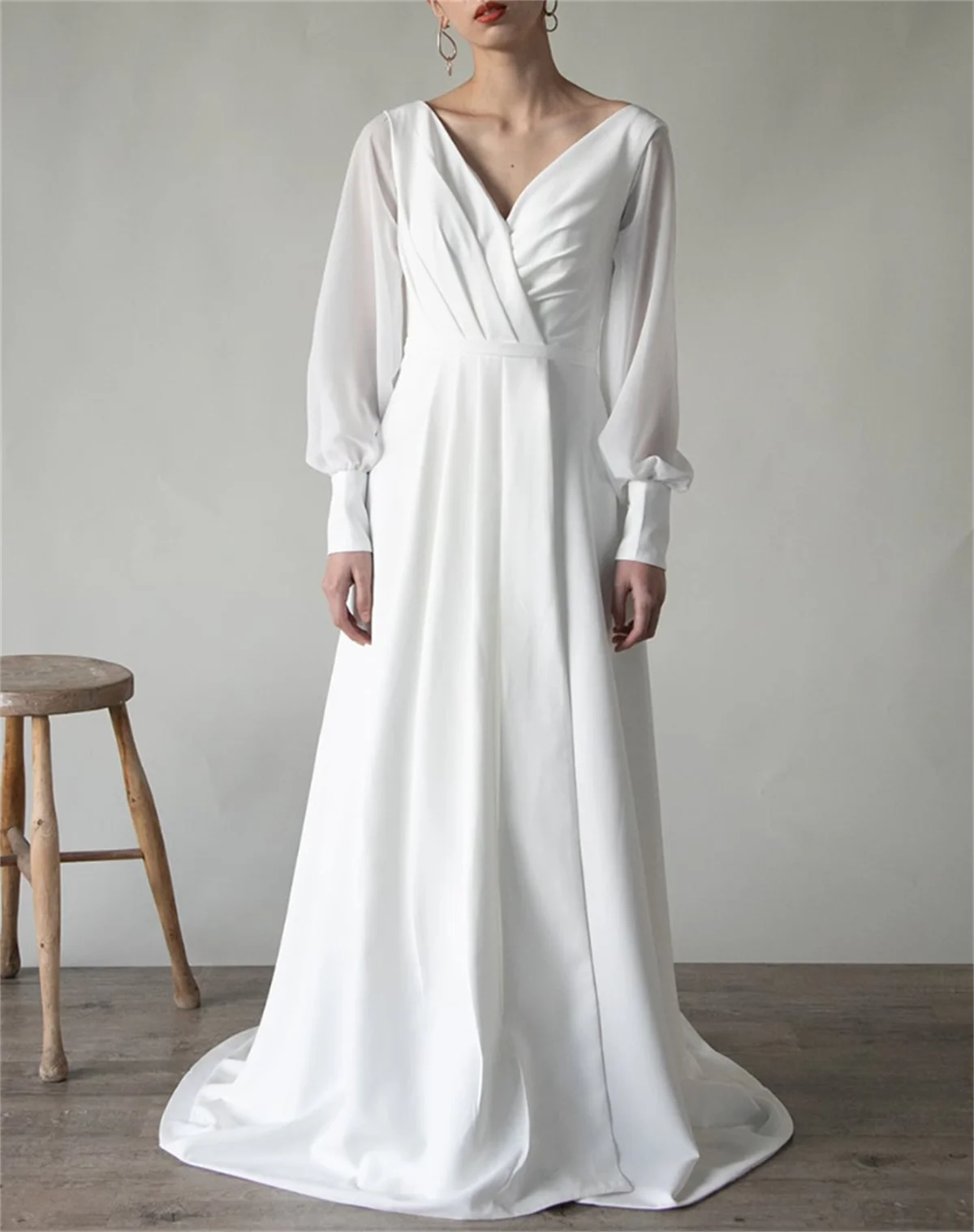 

White A-Line Evening Dress Simple V-Neck High Slit Long Sleeve Prom Gown Chiffon Fabric Elegant 2024 Formal Occasions Custom