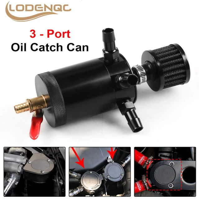 Sporacingrts 3 Port Oil Catch Can, 1 oulet + 2 intlet Compact Baffled  Engine Oil Reservoir Tank with Breather Filter + Drain Valve