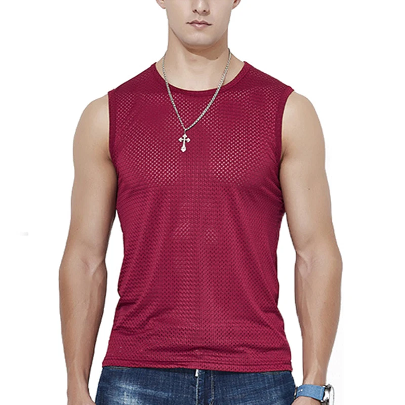 Summer Men Tank Tops Male Bodyshaper Fitness Mesh Breathable Singlets Undershirt Solid Color Quick-Drying Tees Sleeveless Shirts