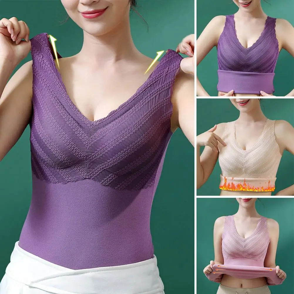 

Women Bra Vest Slim-fitting Sling Vest Thermal Plush Sleeveless V Neck Vest Women's Slim Fit Padded Pullover with Applique Soft