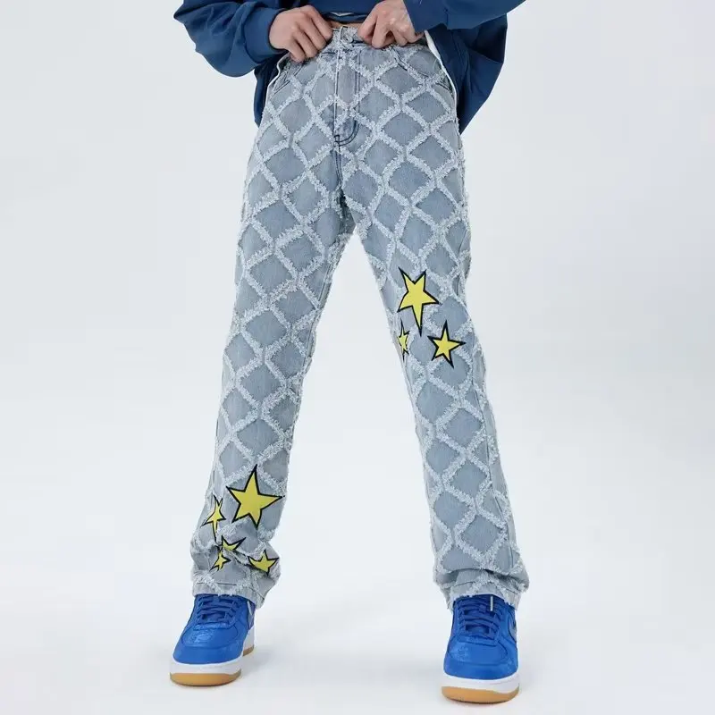 2023 Y2K Fashion Star Embroidery Plaid Stacked Jeans Pants For Men