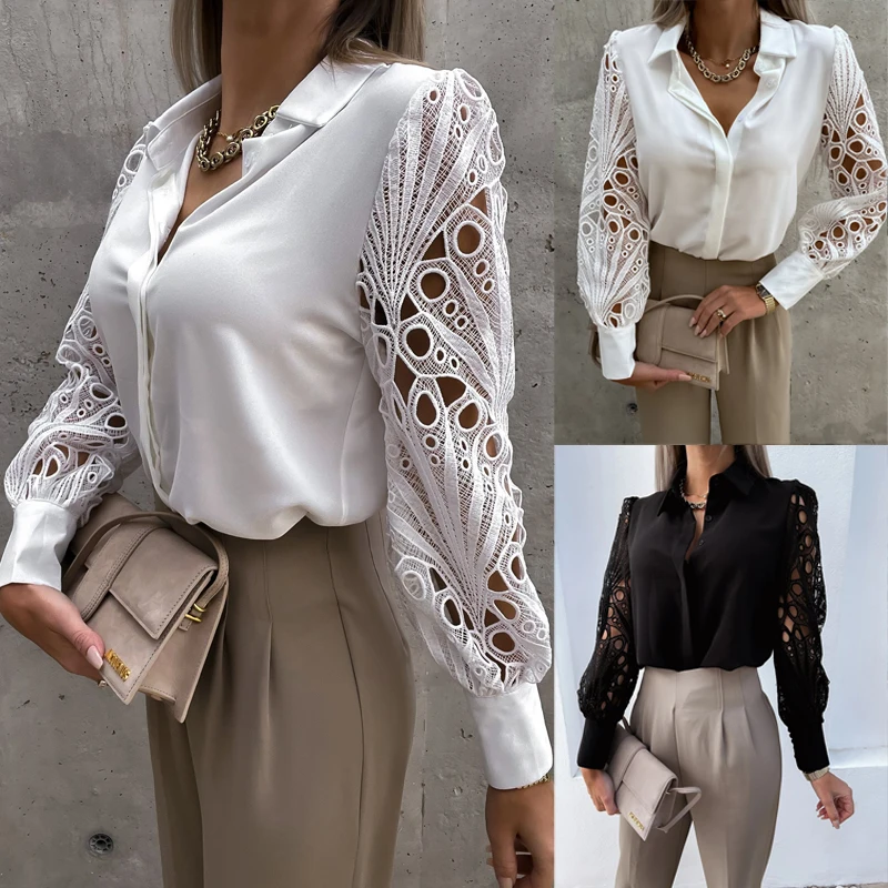 

Women's Solid Color Lace Stitching Shirt Spring Summer Elegant Chic Turndown Collar Slim OL Commuter Work Shirt Female Blouse