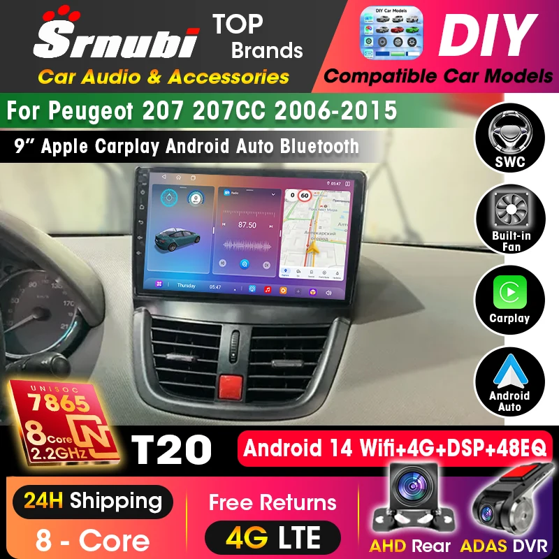 Srnubi T20 UIS7865 Für Peugeot 207 207CC 2006-2015 Autoradio Auto-Videoplayer CarPlay Android Auto 4G GPS Kein 2-DIN 2din DVD