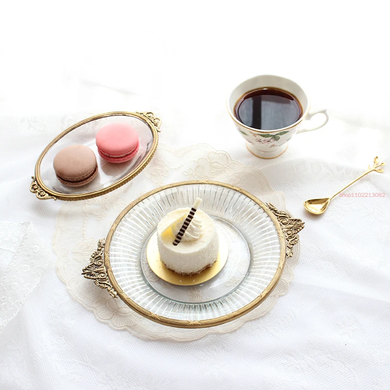 

French Brass Mirror Food Decorative Plate Retro Copper Strip Glass Tray Afternoon Tea Dishes Pastry Dish Cake Snacks Plates