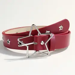 Edgy Star Buckle Fashion Belt with Decorative Eyelets - 105CM (Wine red)