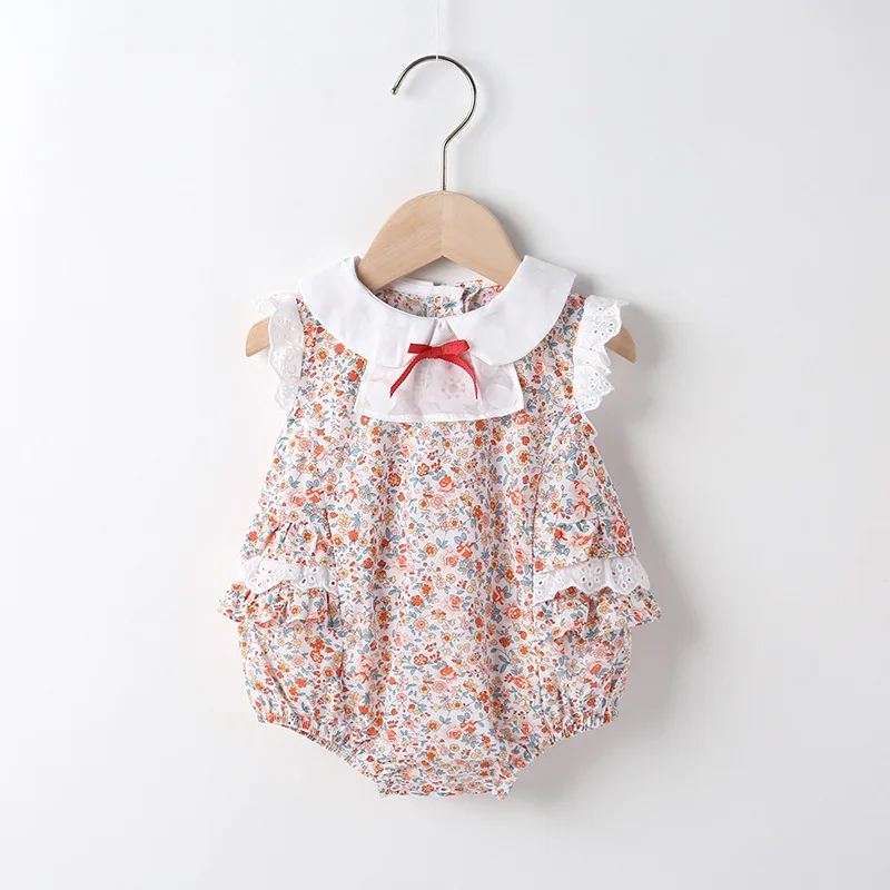 2022 New Korean Floral Printed Baby Girl Romper Doll Collar Lace Sleeveless Bodysuits Lovely Soft Clothes Summer 0-18M |