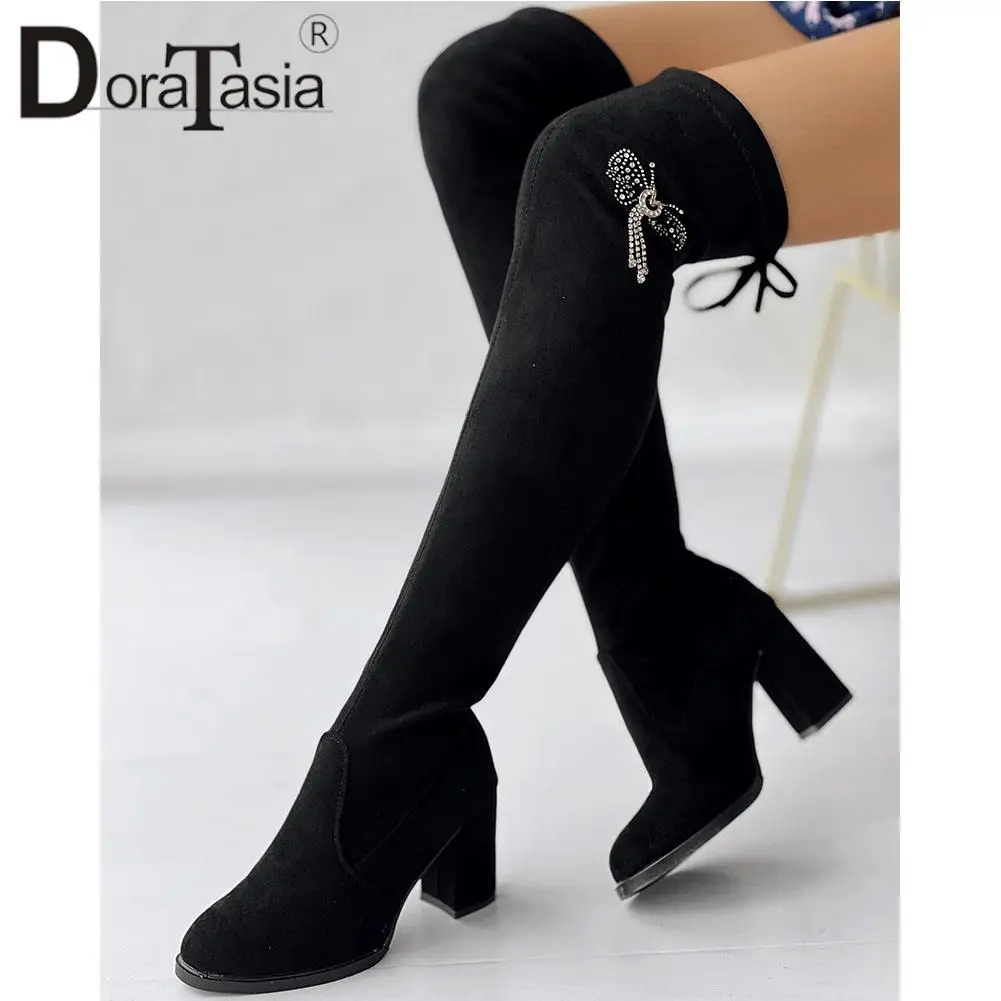Brand New Ladies Solid Thigh High Boots Fashion Butterfly Tassel Thick High Heels women's Boots Party Office Sexy Woman Shoes