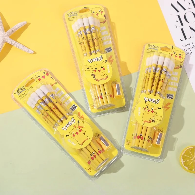 12pcs/box Pokemon Pencil Set with Eraser Pencil Sharpener Anime Figure School Supplies Office Stationery Tools Kawaii Gifts Toys