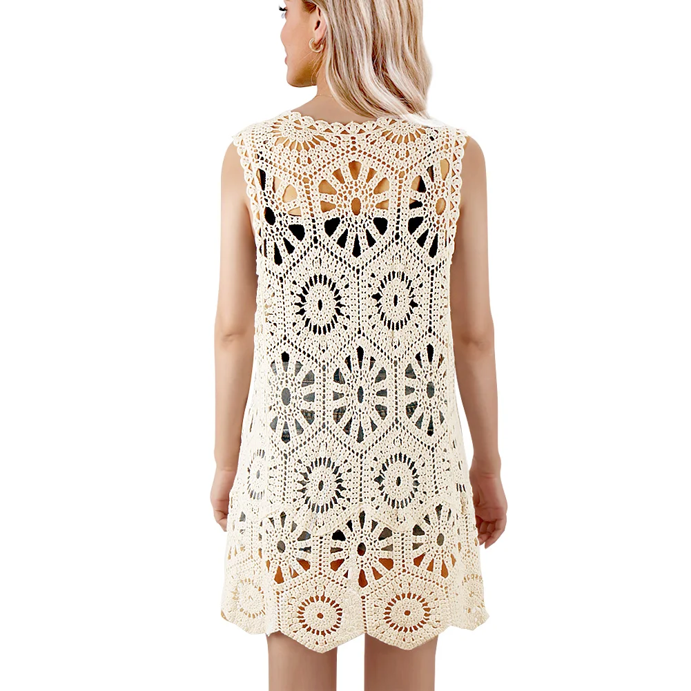 Womens Floral Crochet Lace Boho Trim Sleeveless Open Front Vest Cardigan White Beige women jacket