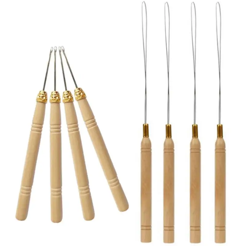 1pcs lot wooden handle crochet hook needle for linking micro rings loop needle for hair extensions tools making wigs Hair Hook Threader Pulling Needle Used With Hair Plier and Beads Micro Rings Loops Needle Micro Latch Hook Needle