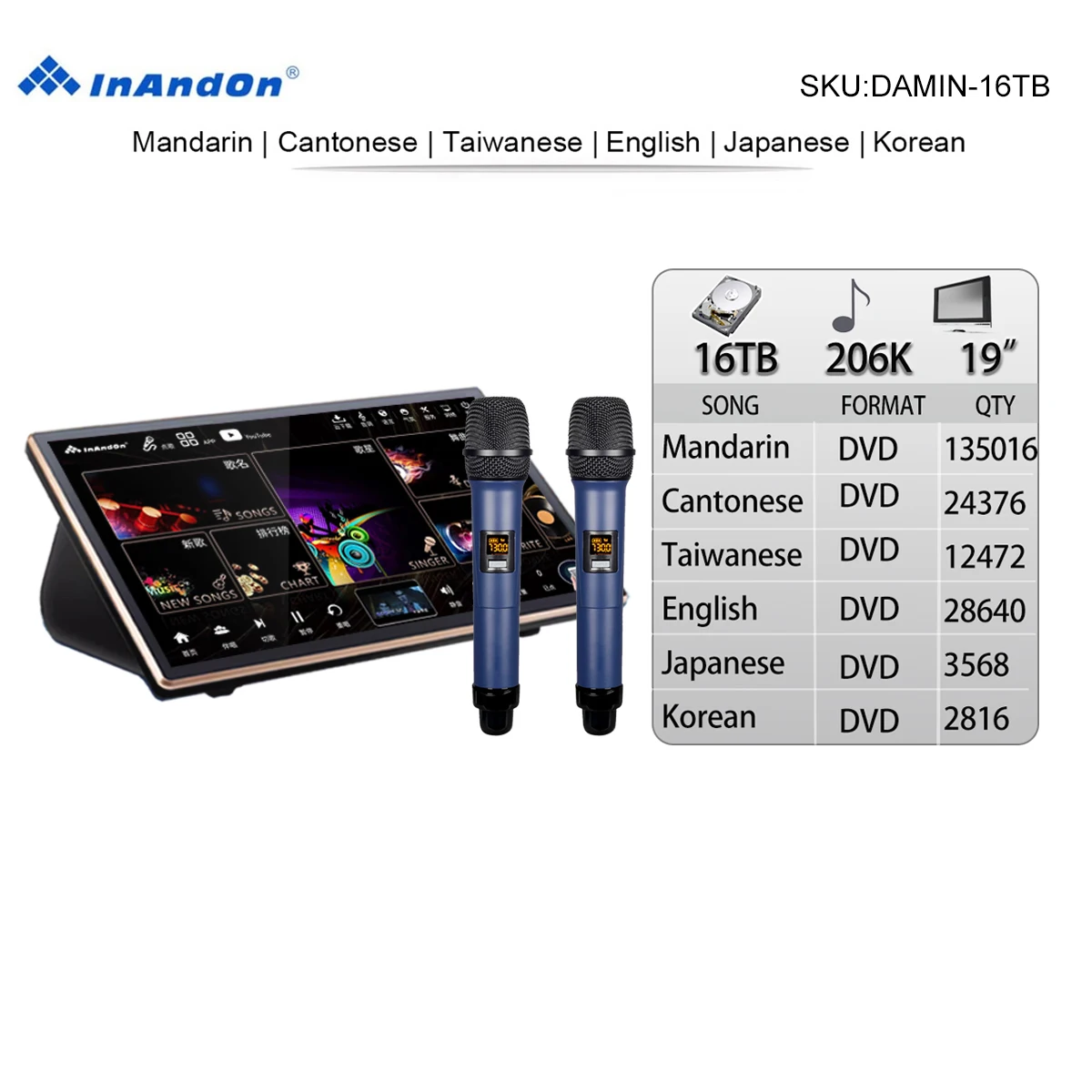5 in 1 Professional Touch Karaoke Player with Microphone Amplifier Mixer DSP,16TB 206K 19'' InAndOn KTV Machine with Key Tune