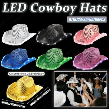 8-80 pezzi cappelli da cowboy illuminati per paillettes da sposa cappelli da cowboy a LED per le donne cappello da cowboy lampeggiante bomboniere per addio al nubilato sfuso 1