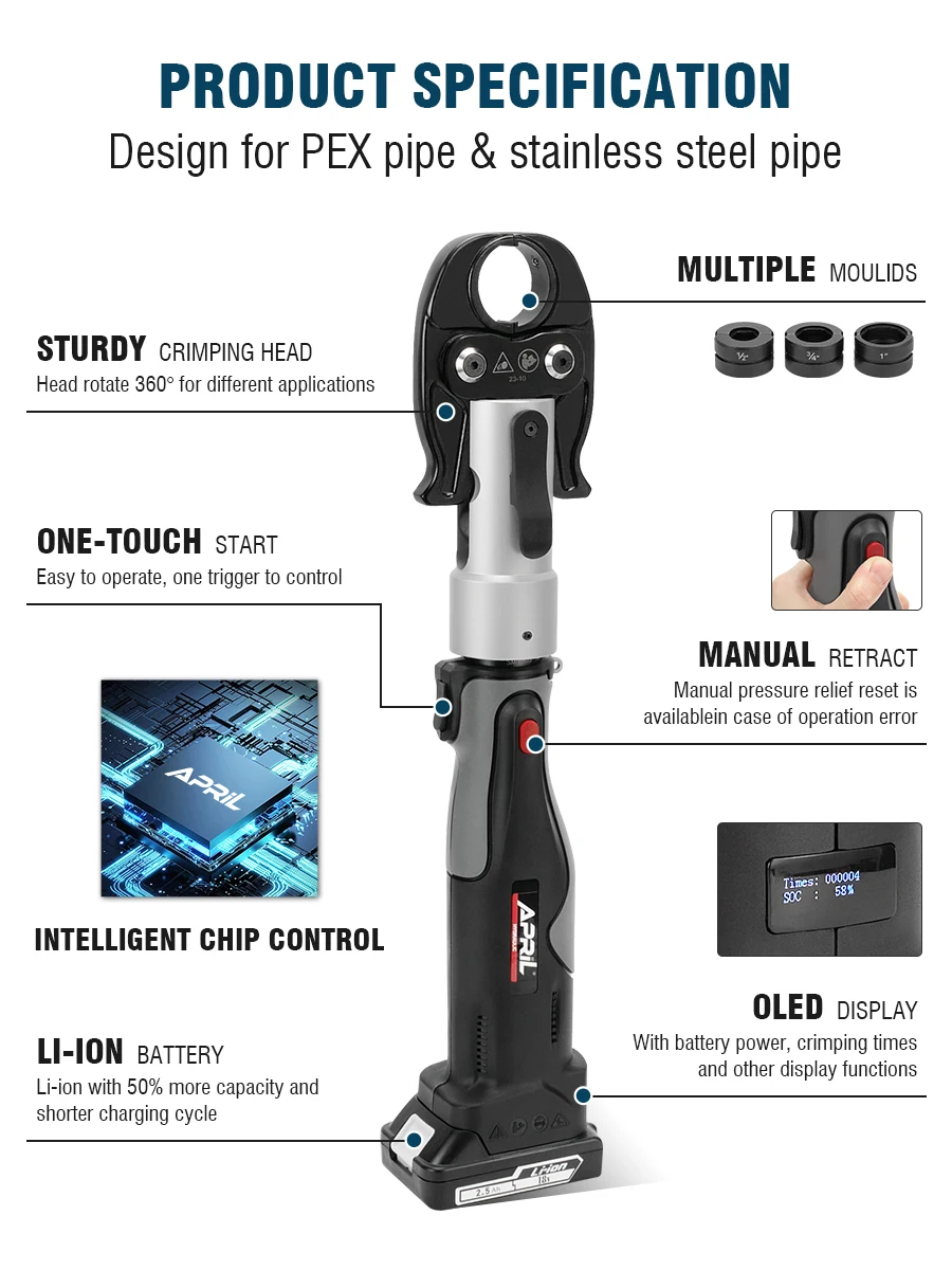CH-1332 High Power Hydraulic Mini Battery Powered Pipe Crimping Tool Li-ion Rechargeable Tool Stainless Steel Pipe Crimper 4