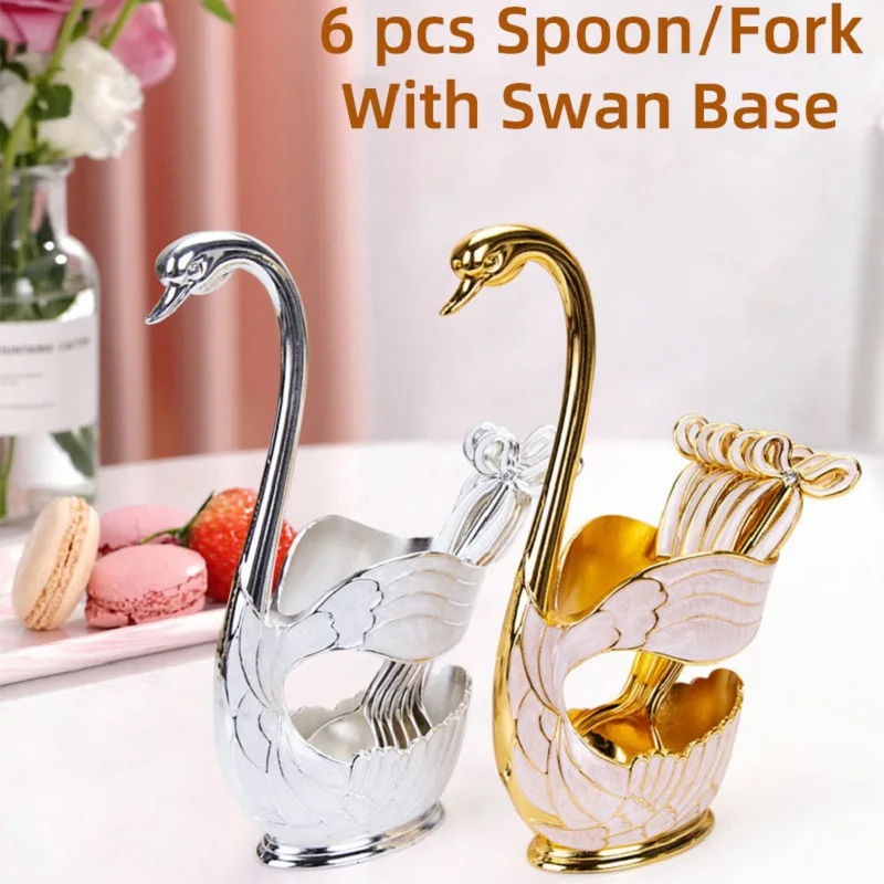 

6Pcs Coffee Spoon Set With Swan Base Creative Zinc Alloy Dessert Flatware Home Decor Teaspoons Fork for Snack Cake Cream Fruit