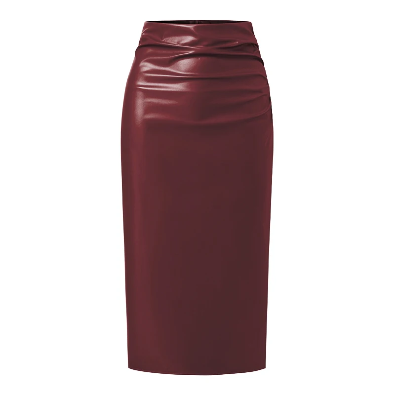 Women PU Leather High Waist Midi Skirts Fashion Long