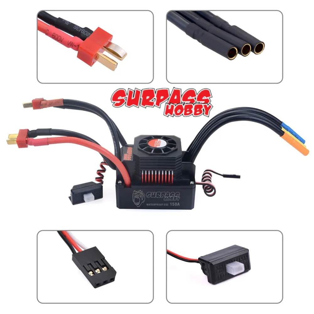 Connecteurs et câbles de l'ESC Surpass 150A brushless étanche pour RC 1/10 1/8
