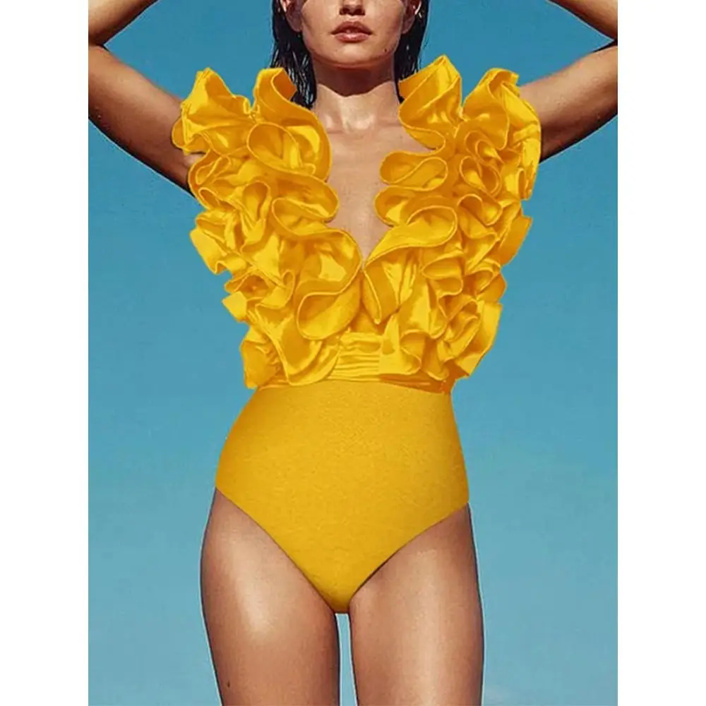 Women Pleated Bikini Frilled V Neck One Piece Swimsuit Asymmetric Design Beach Skirt Advanced Elegance Party Yellow Swimwear