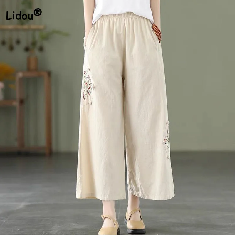 

Summer Vintage Rosette Buckle Straight Trousers Ethnic Style Embroidery Solid Color Pockets Elastic High Waist Wide Leg Pants