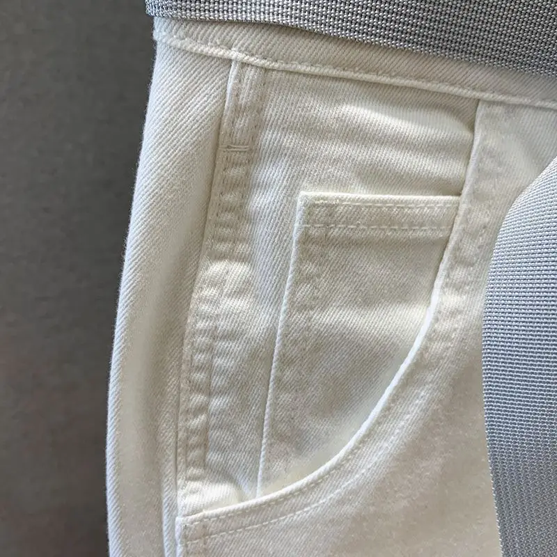 Summer Men's Casual White Denim Shorts White Loose Straight Short Pants With Belt