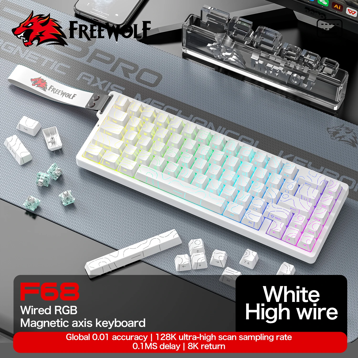 FREEWOLF F68 67-Key Magnetic Switch Keyboard with RGB, 0.01mm RT