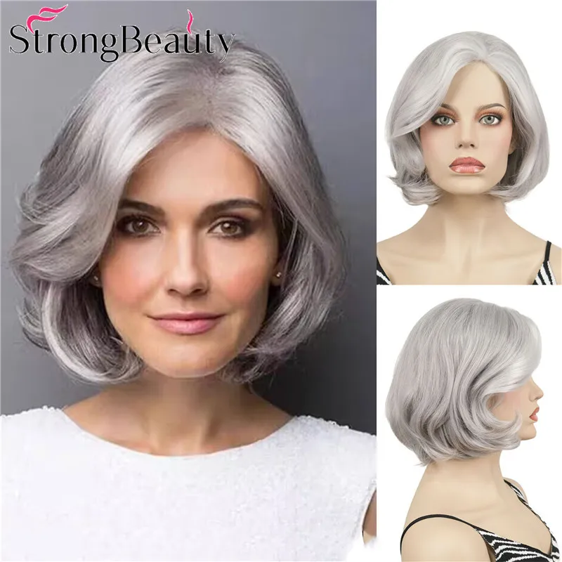 StrongBeauty 여성 물결 모양의 밥 그레이 가발 중간 길이 합성 가발 할로윈 의상 코스프레 파티 헤어 내열성