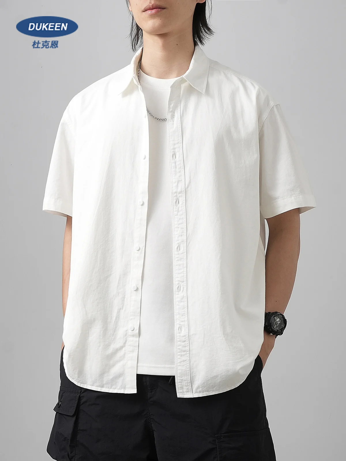 Men Cotton Shorts-Sleeve Shirts Summer Solid Color Turn-Down Collar Formal Shirts White Basic Causal