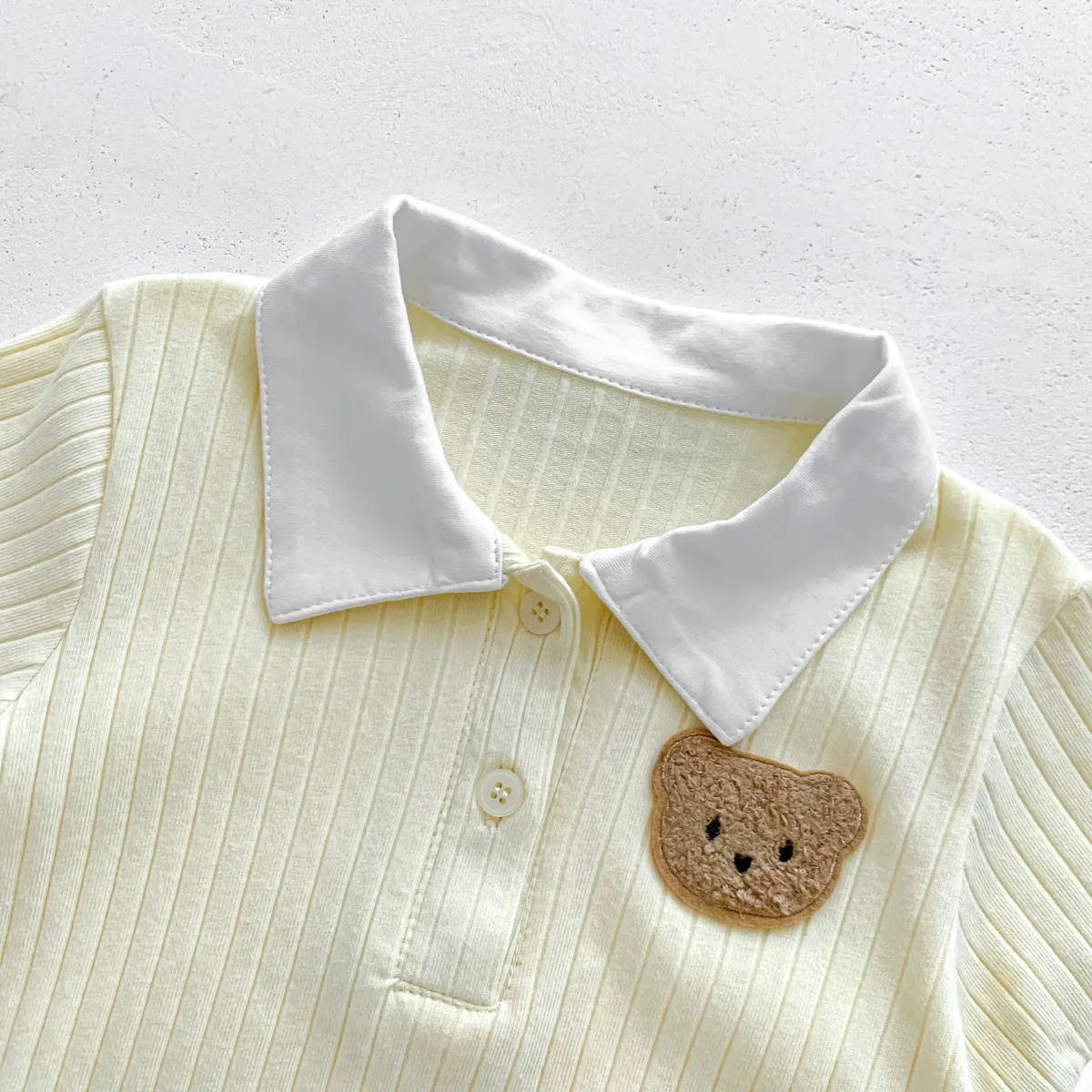 2025 Summer Toddler Baby Girls Romper Turndown Collar Short Sleeve Cartoon Bear Solid Cotton Triangle Infant Girls Bodysuit 5