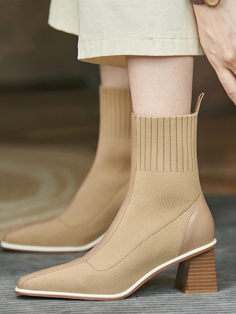 Women Chelsea High Heels Boots Winter Knitting Ankle Sock Boots Thick Pumps 2022 New Designer Ladies Shoes Casual Snow Botas New