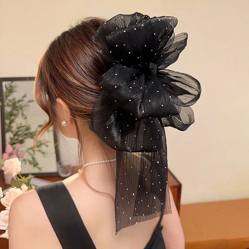 Trendy Black And White Color Mesh Big Bow Hairpins Girl Tulle Starry sky Hair Clip Women Ponytail Claw Clip Hairgrip Accessories